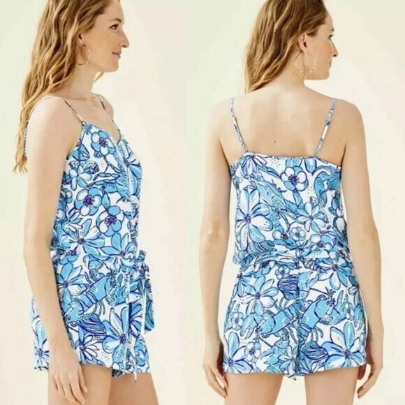 NWT Lilly Pulitzer Deanna Romper Succulent Blue Pop Up Coronado Crab Sz S - Picture 8 of 8